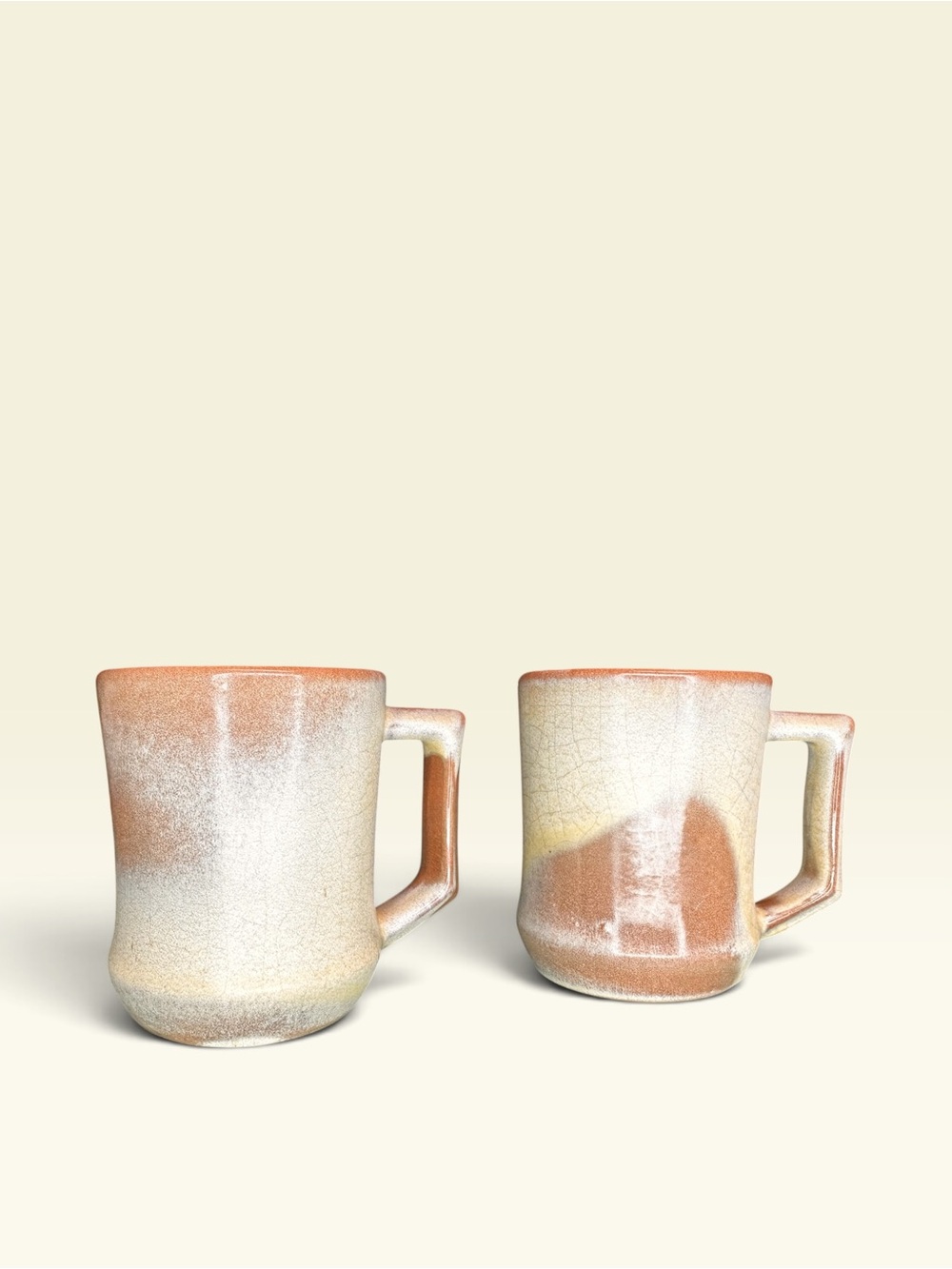 Vintage FRANKOMA Mugs PLAINSMAN Cream Brown C5 Oklahoma Pottery Coffee Cups (2)